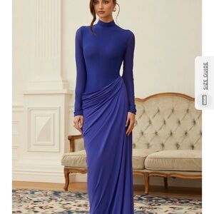 Eva Gathered Draped Blue Long Sleeve Dress